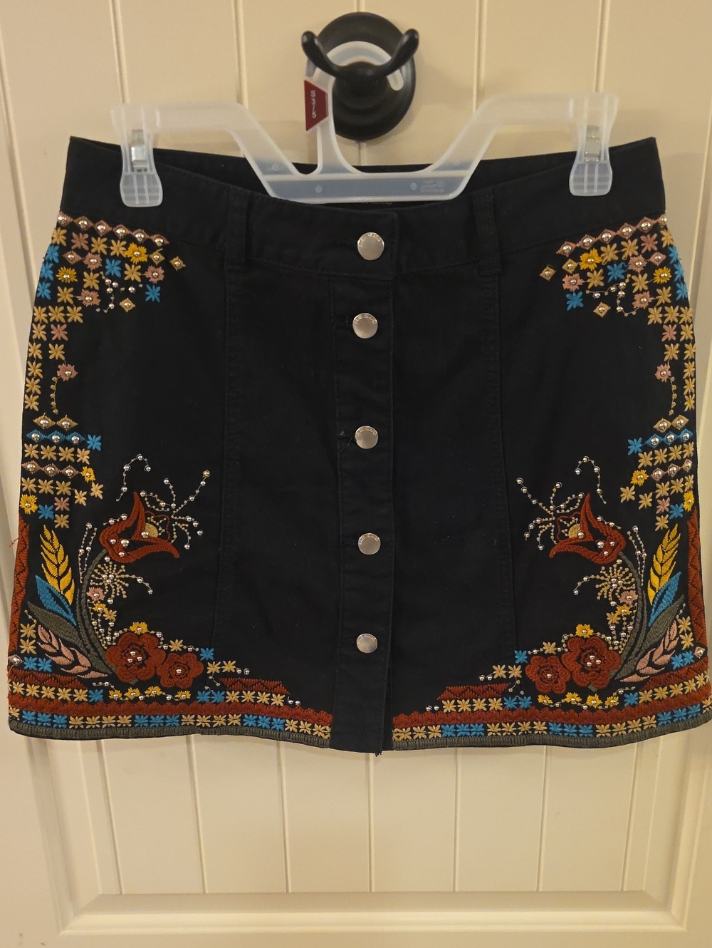 River Island Black Embroidered Button-Front Mini Skirt